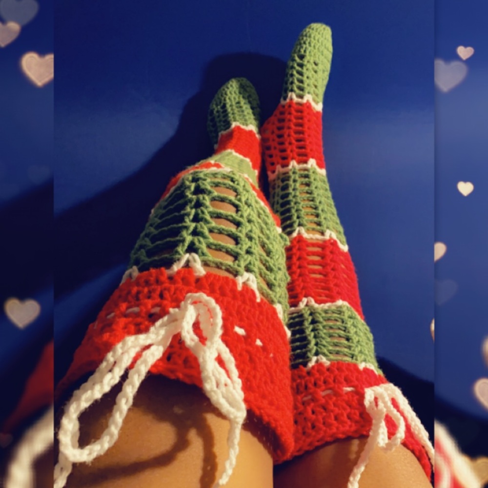 Thigh high crochet socks.